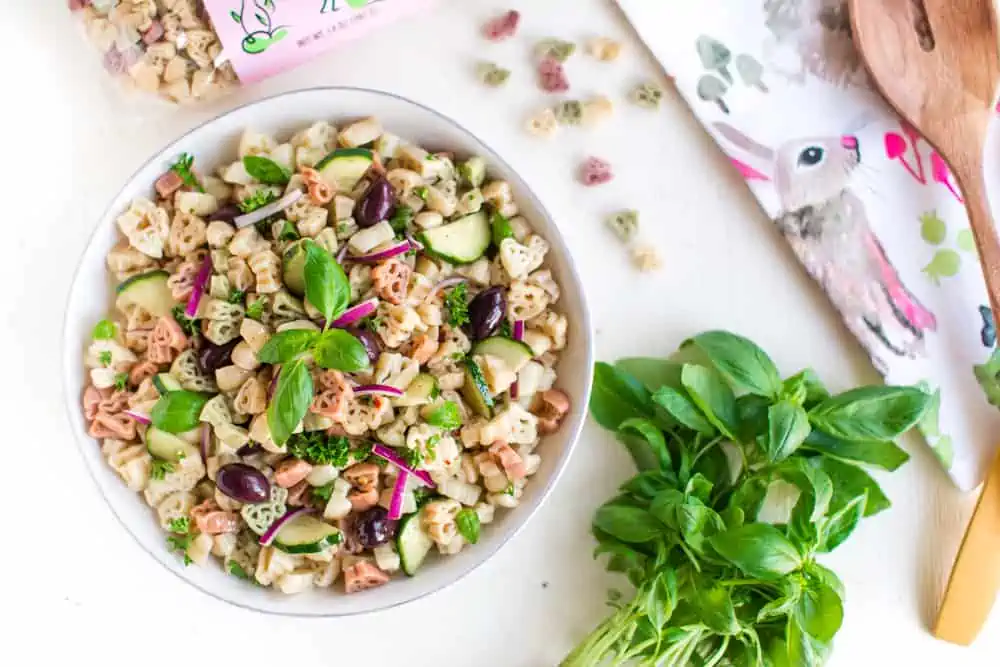 Vegan pasta salad with fresh herbs, a great vegan picnic idea.