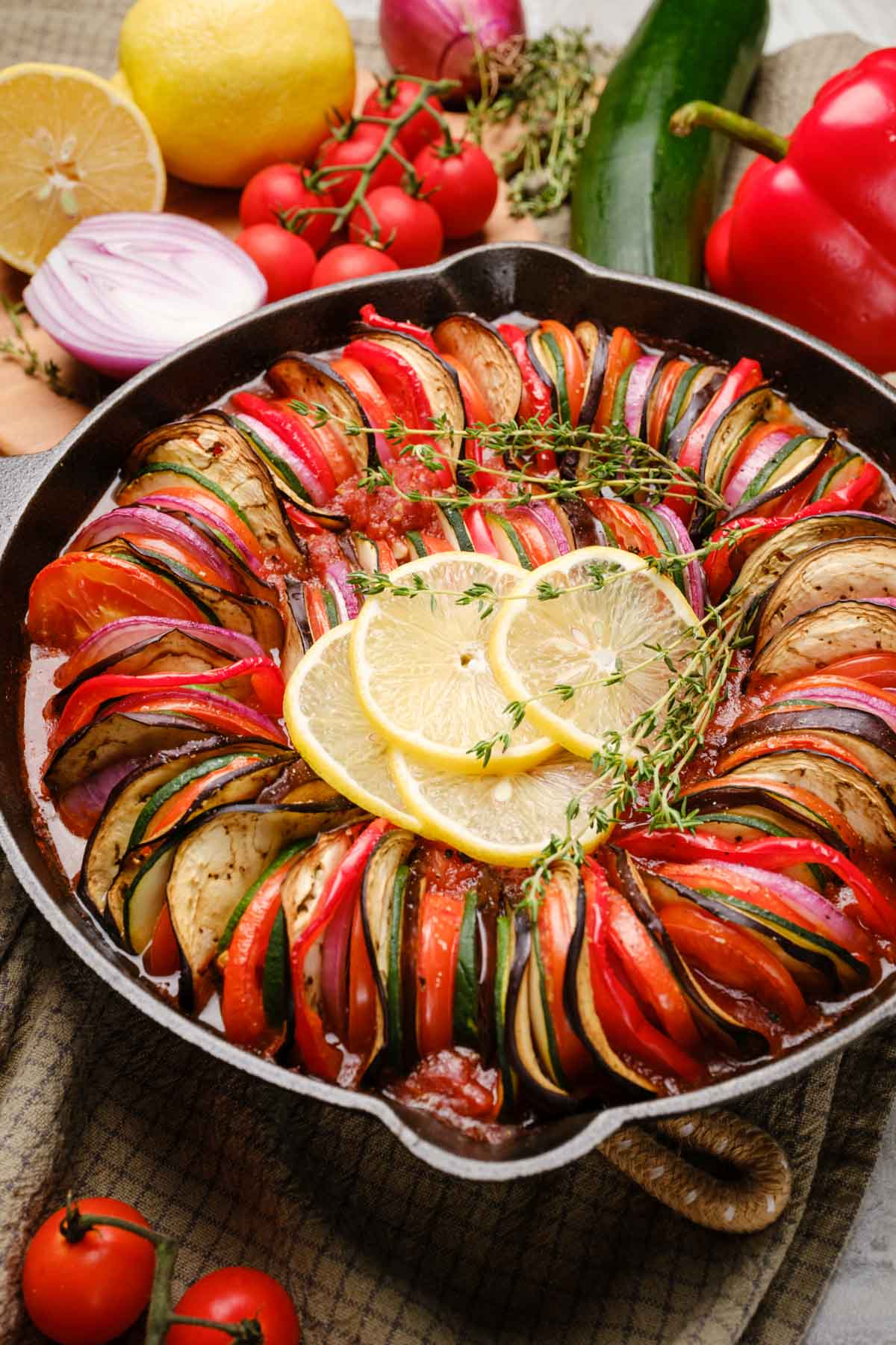 Ratatouille, garnished with lemon slices.