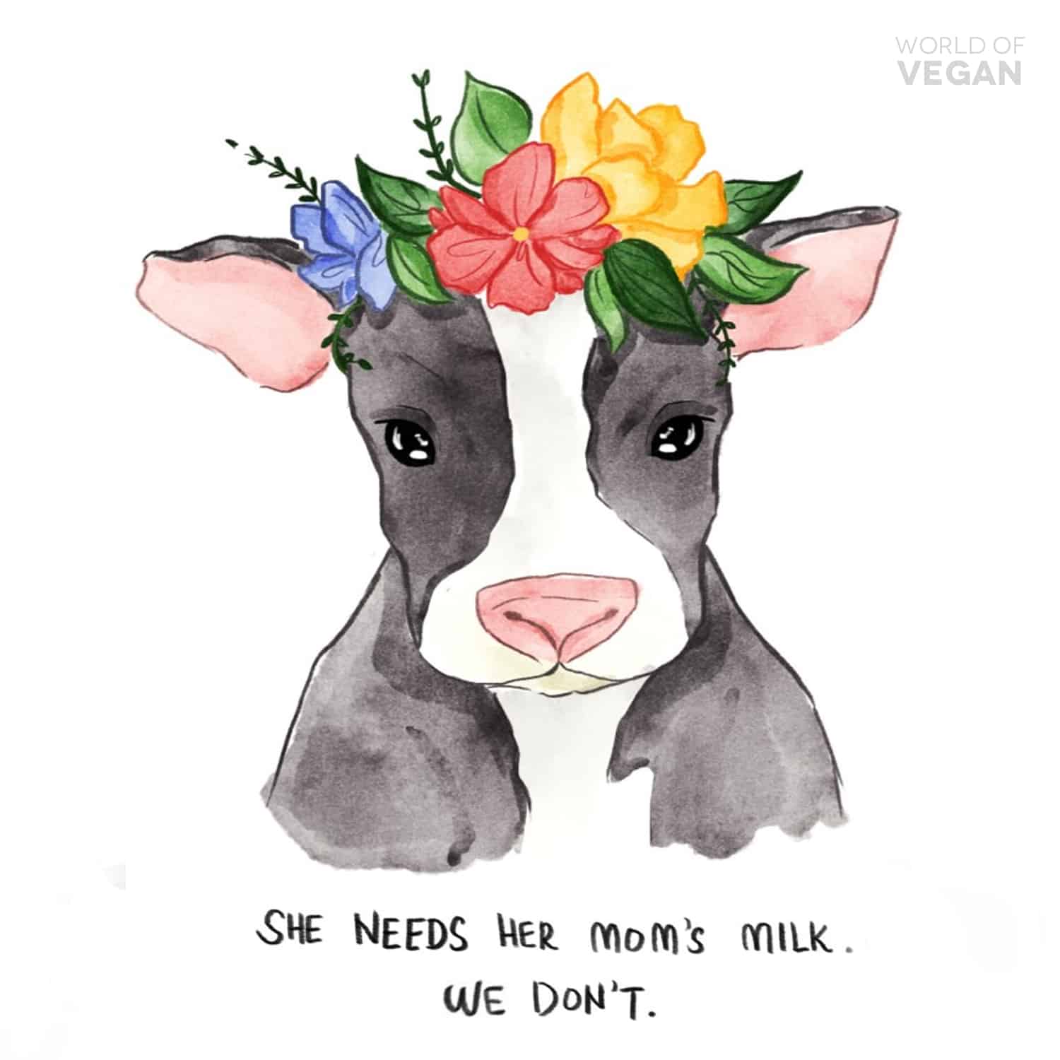 Cow Flower Crown Illustration | World of Vegan Vegan Art | WorldofVegan.com #art #cow #animals #vegan