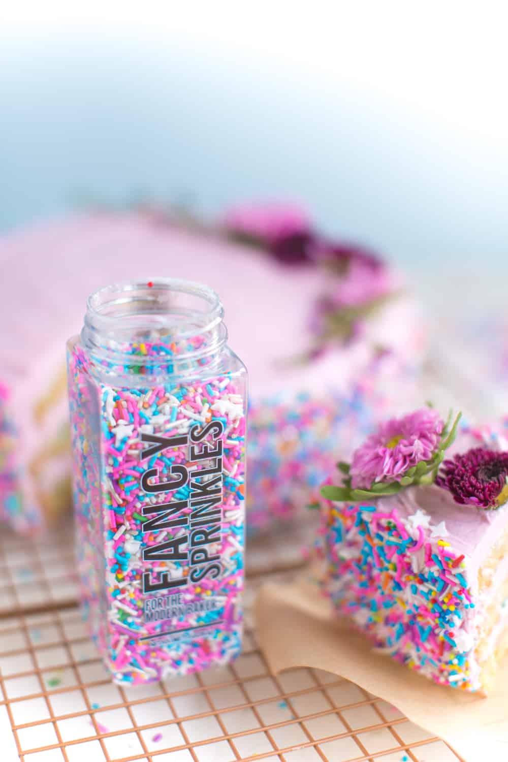 fancy sprinkles with pink vegan birthday cake