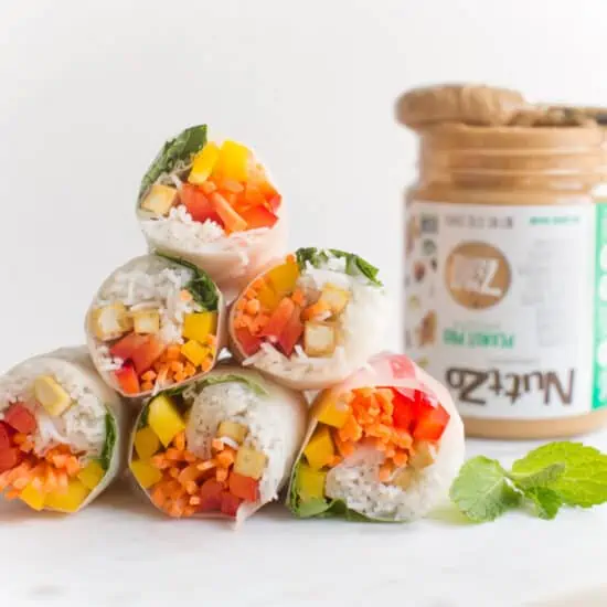 Rainbow Spring Rolls With Peanut Dipping Sauce World of Vegan | WorldofVegan.com #vegetarian #vegan #thai #appetizer #party #healthy
