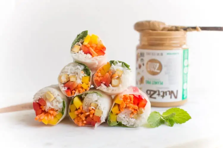 Rainbow Spring Rolls With Peanut Dipping Sauce World of Vegan | WorldofVegan.com #vegetarian #vegan #thai #appetizer #party #healthy
