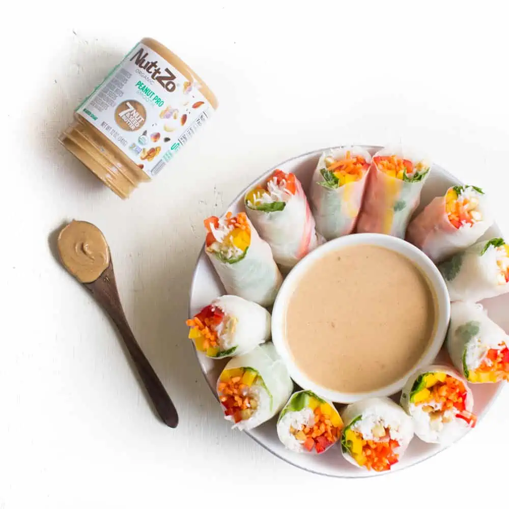 Rainbow Spring Rolls With Peanut Dipping Sauce Made With NuttZo | WorldofVegan.com #vegan #healthy #recipe #worldofvegan