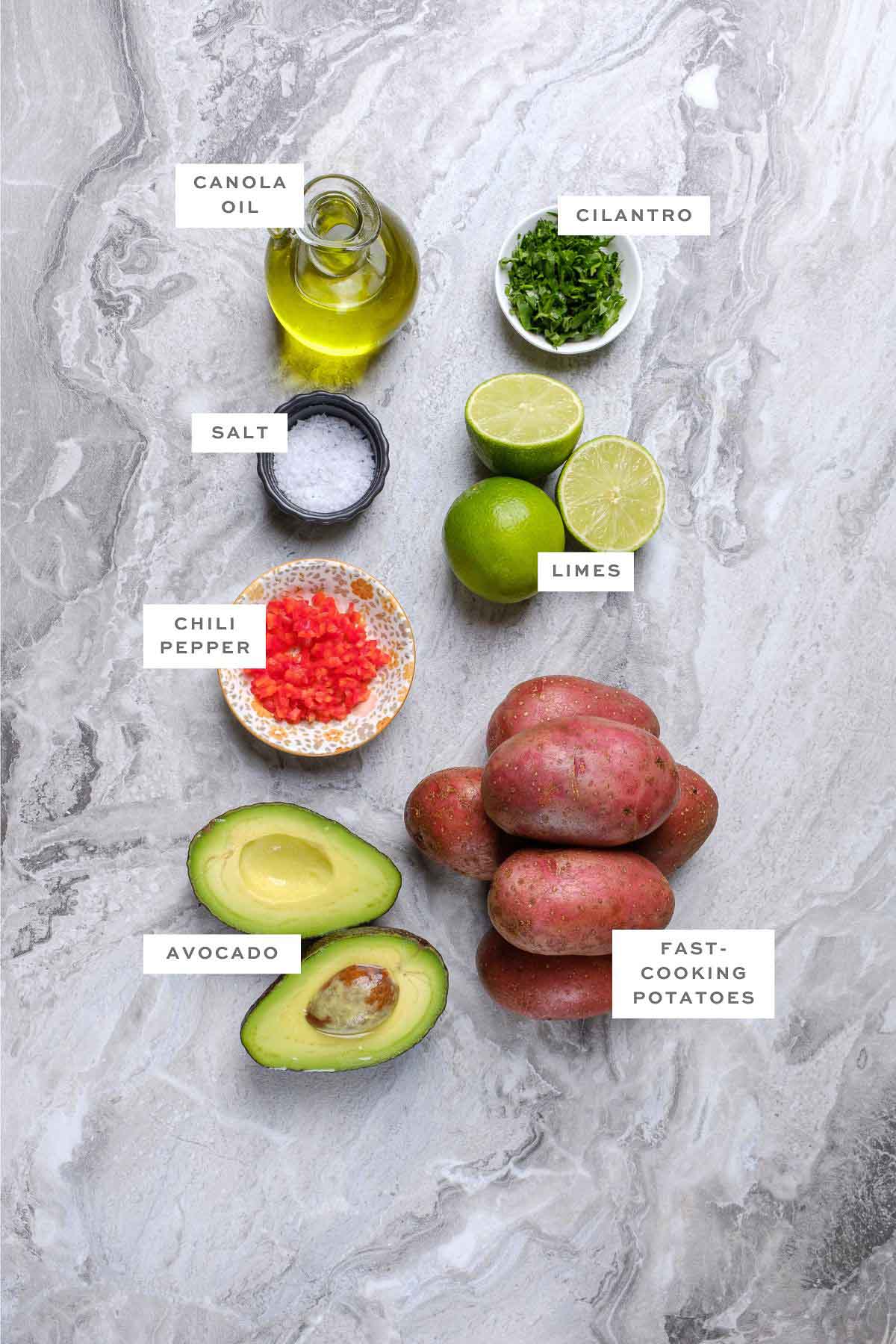 Ingredients for loaded potato skins with labels.