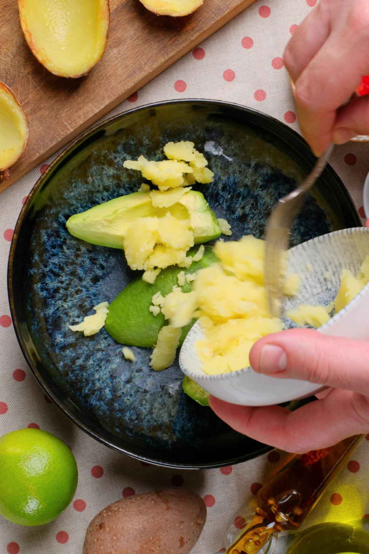 Mashed potato and avocado in a bowl.