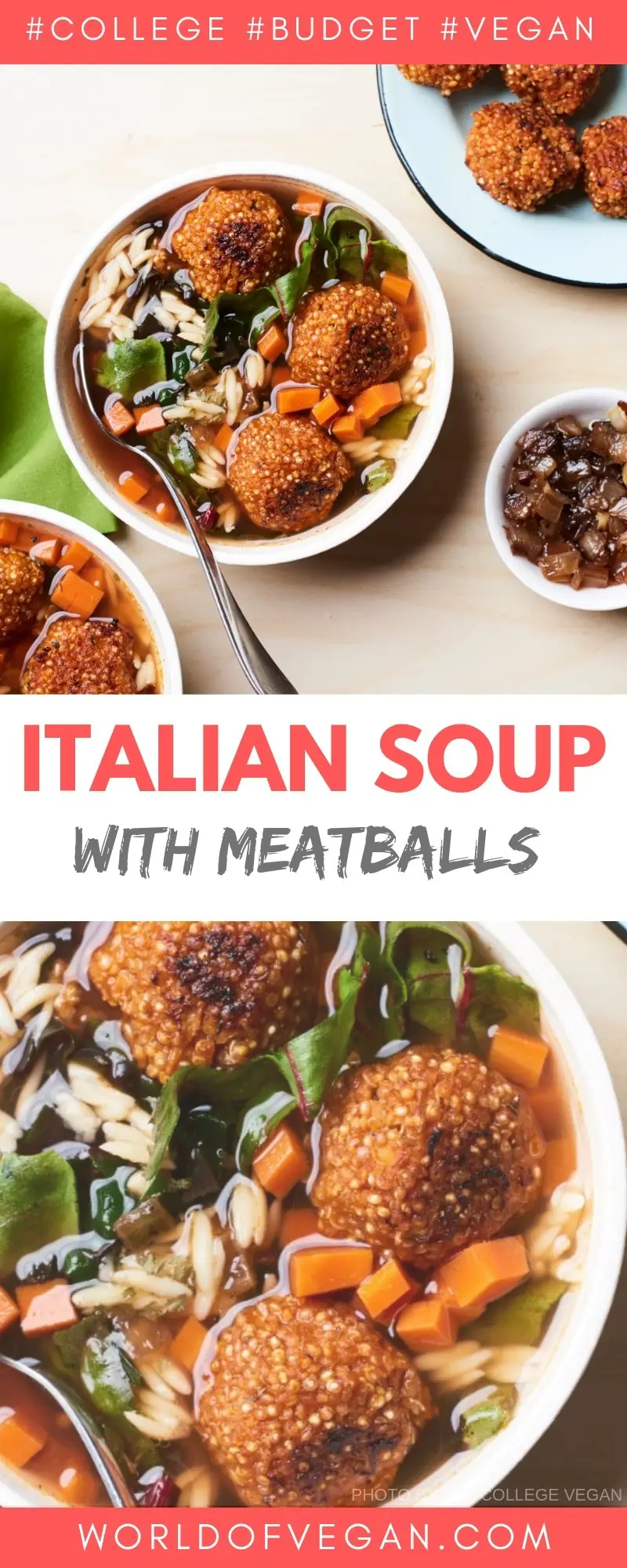 Italian Wedding Soup with Quinoa Meatballs | Vegan in College | World of Vegan | #soup #college #recipes #meatballs #quinoa #healthy #worldofvegan