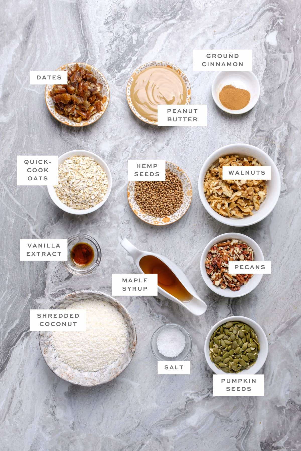 Key ingredients for homemade granola bars with labels.