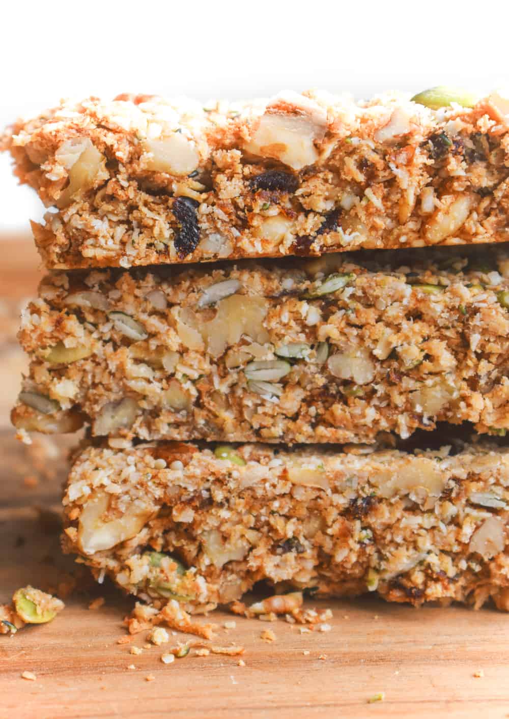 A stack of homemade vegan granola bars.