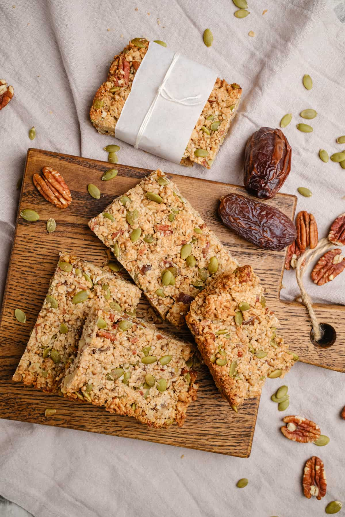 Vegan granola bars on a tabletop.