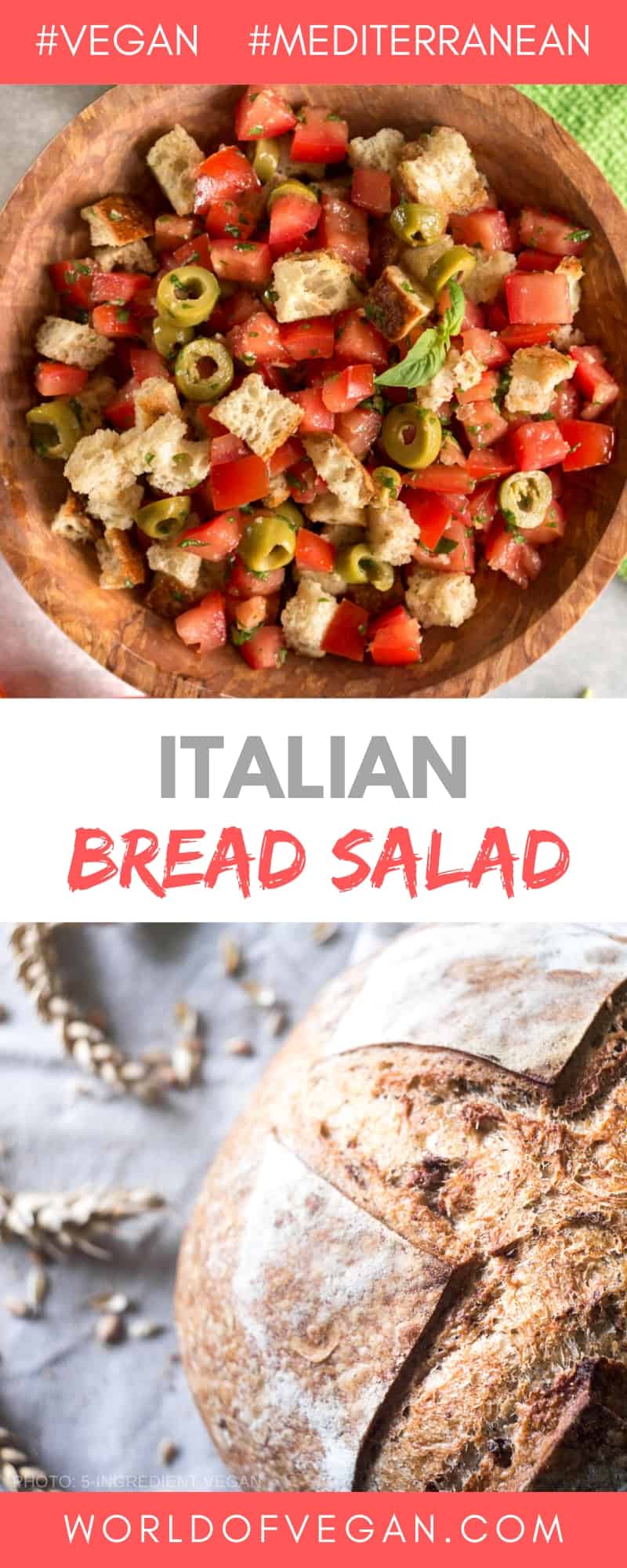 Simple Italian Tomato and Bread Salad in a wooden bowl with a loaf of fresh bakes bread