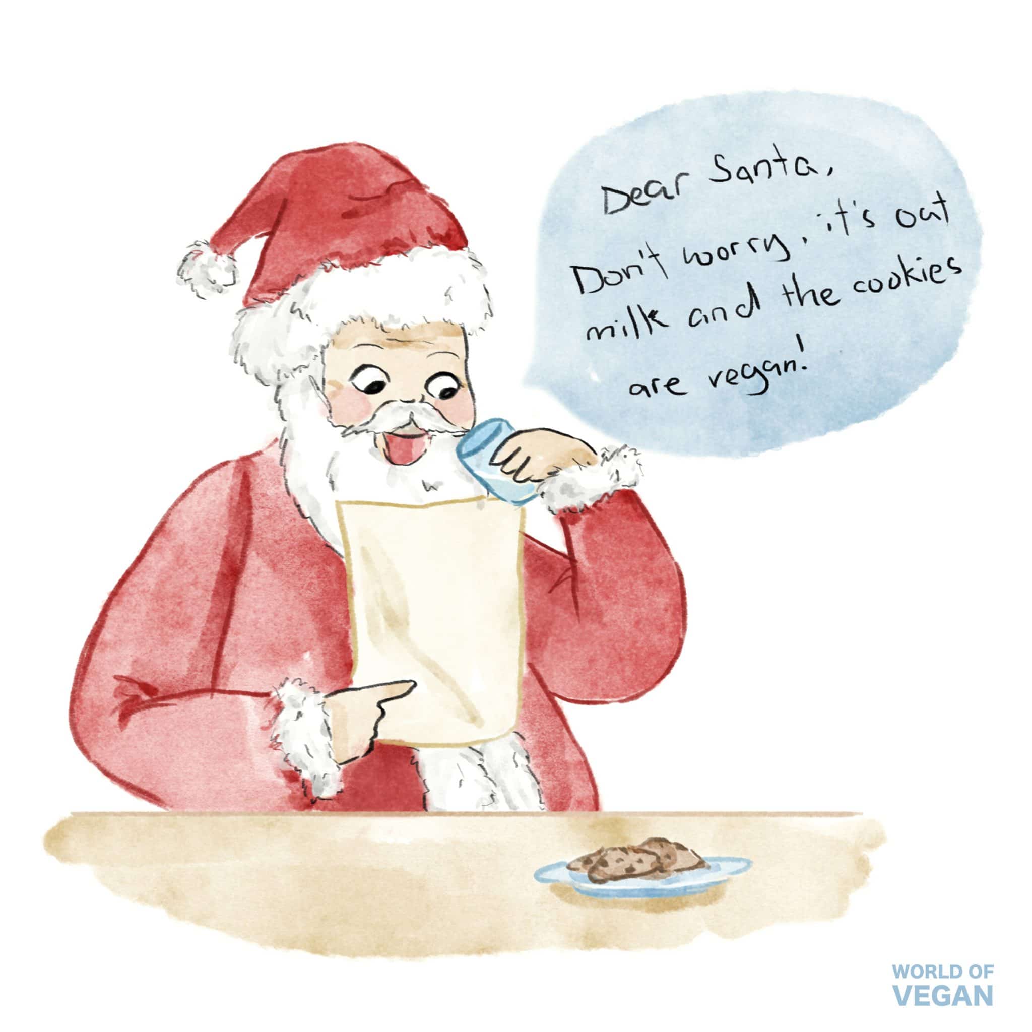 Watercolor painting of Vegan Santa with cookies and oat milk.