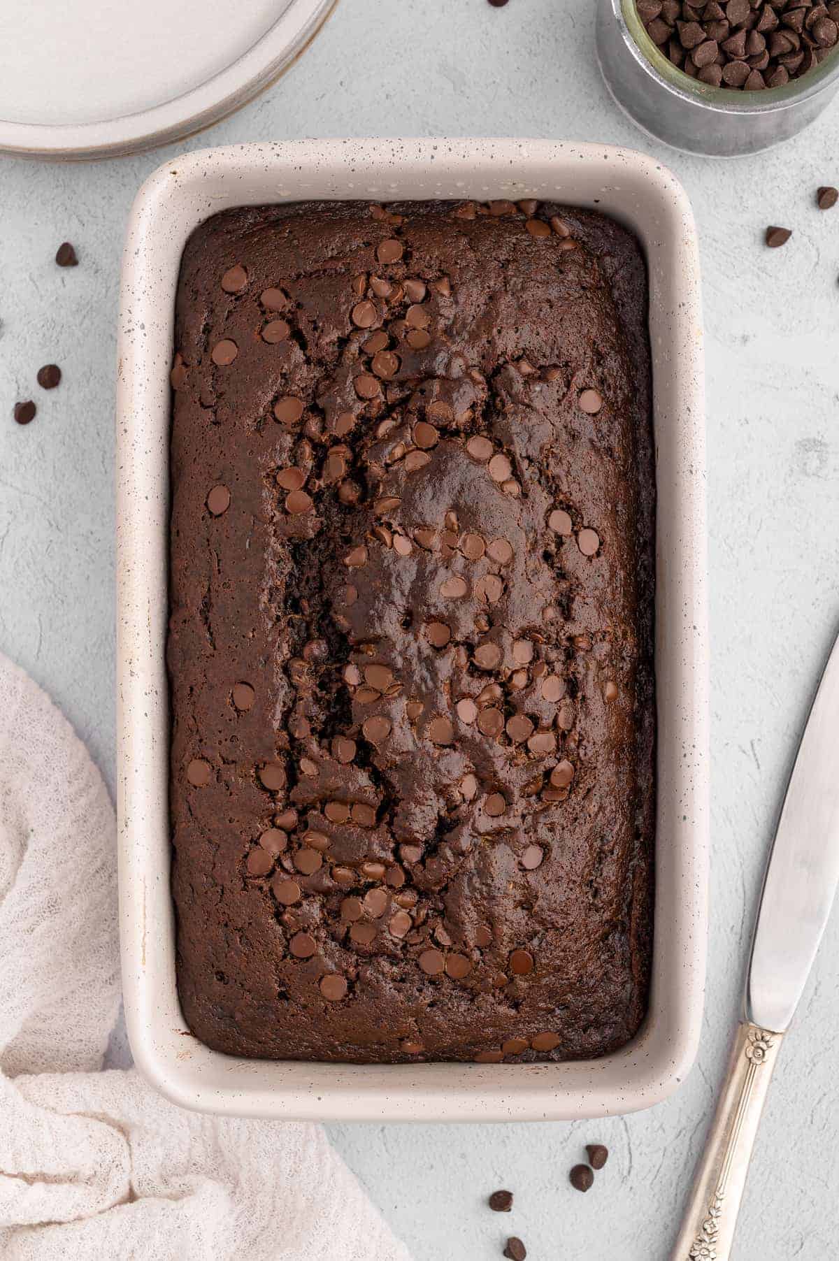 A loaf of vegan chocolate zucchini bread.