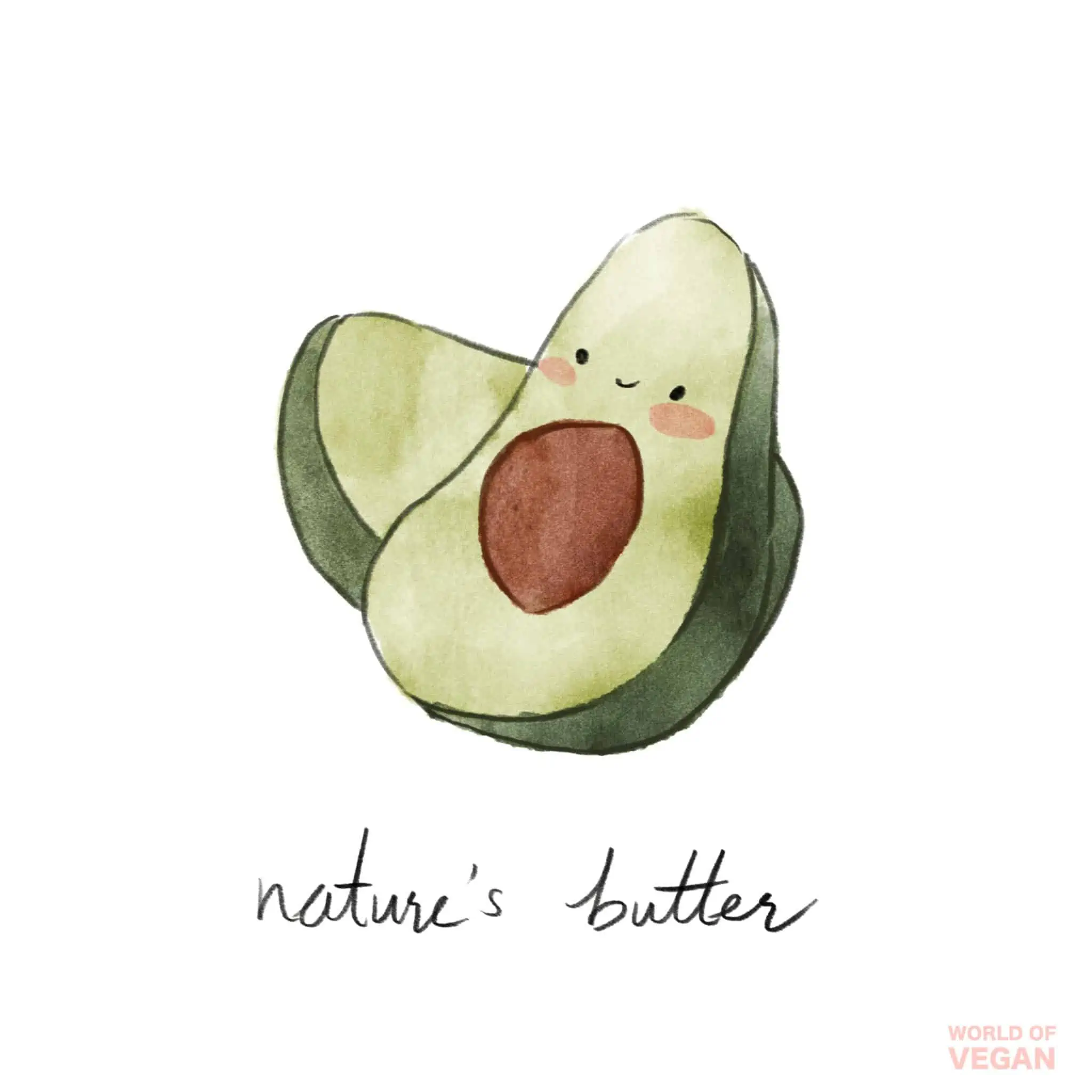 Illustration of a cute avocado character that says Nature's Butter showing healthy fats. 