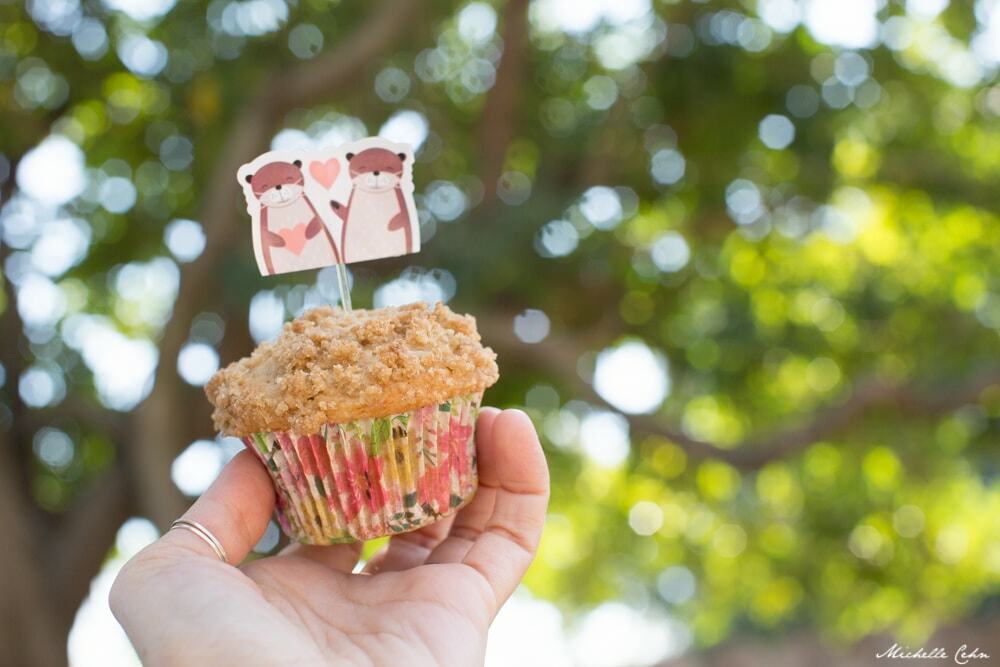 Hand holding up a vegan banana muffin.