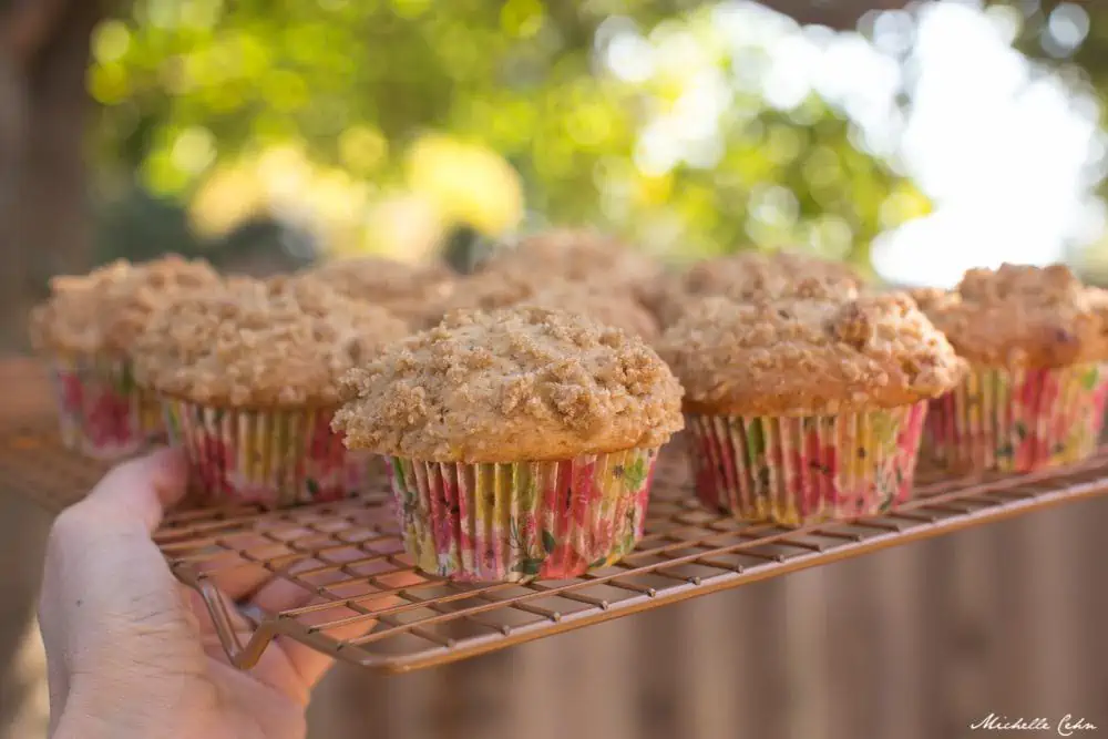 Hand holding up a cooling rack with several vegan banana apple muffins on top.