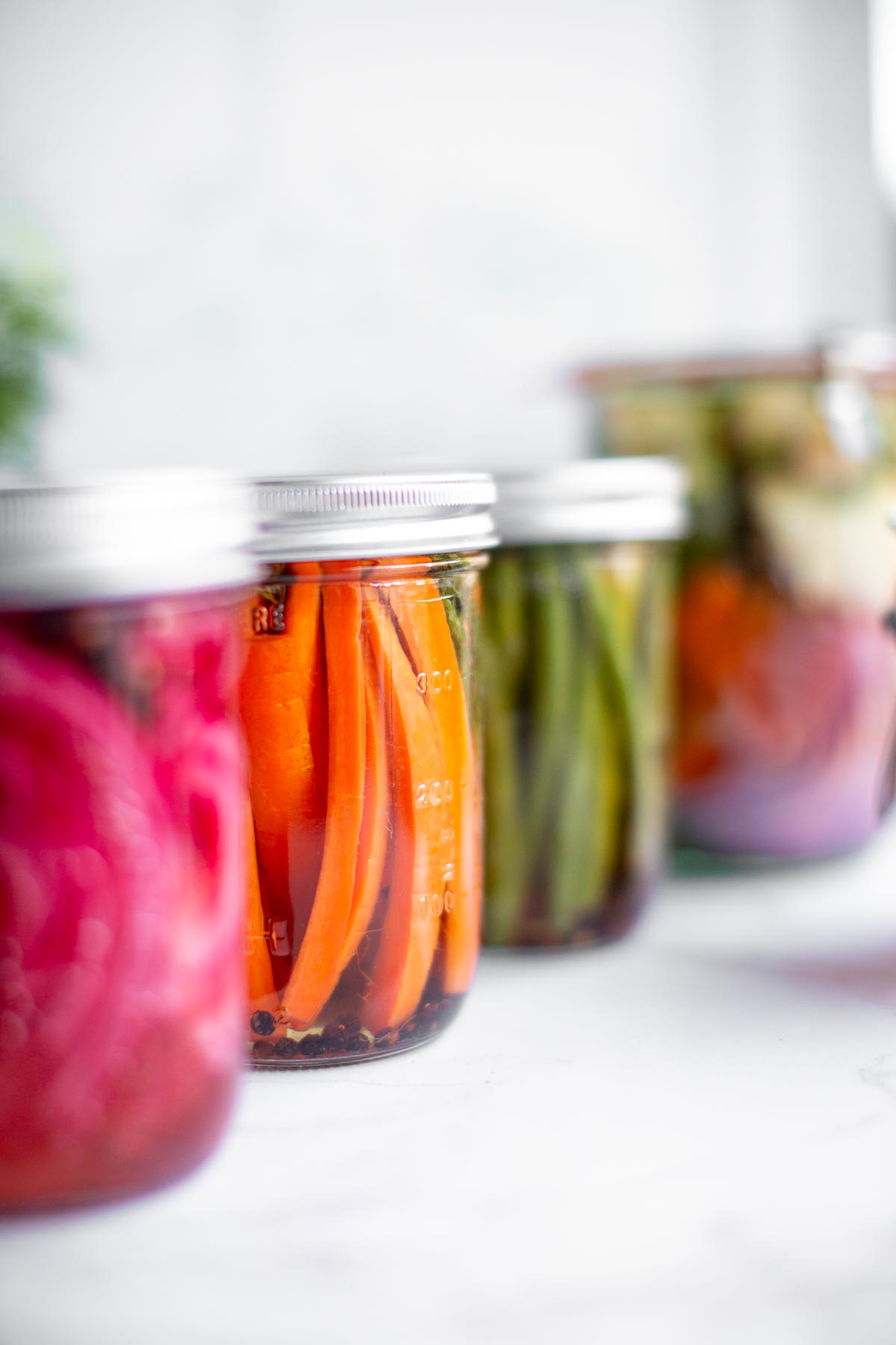 Jars of various pickled vegetables in a row.