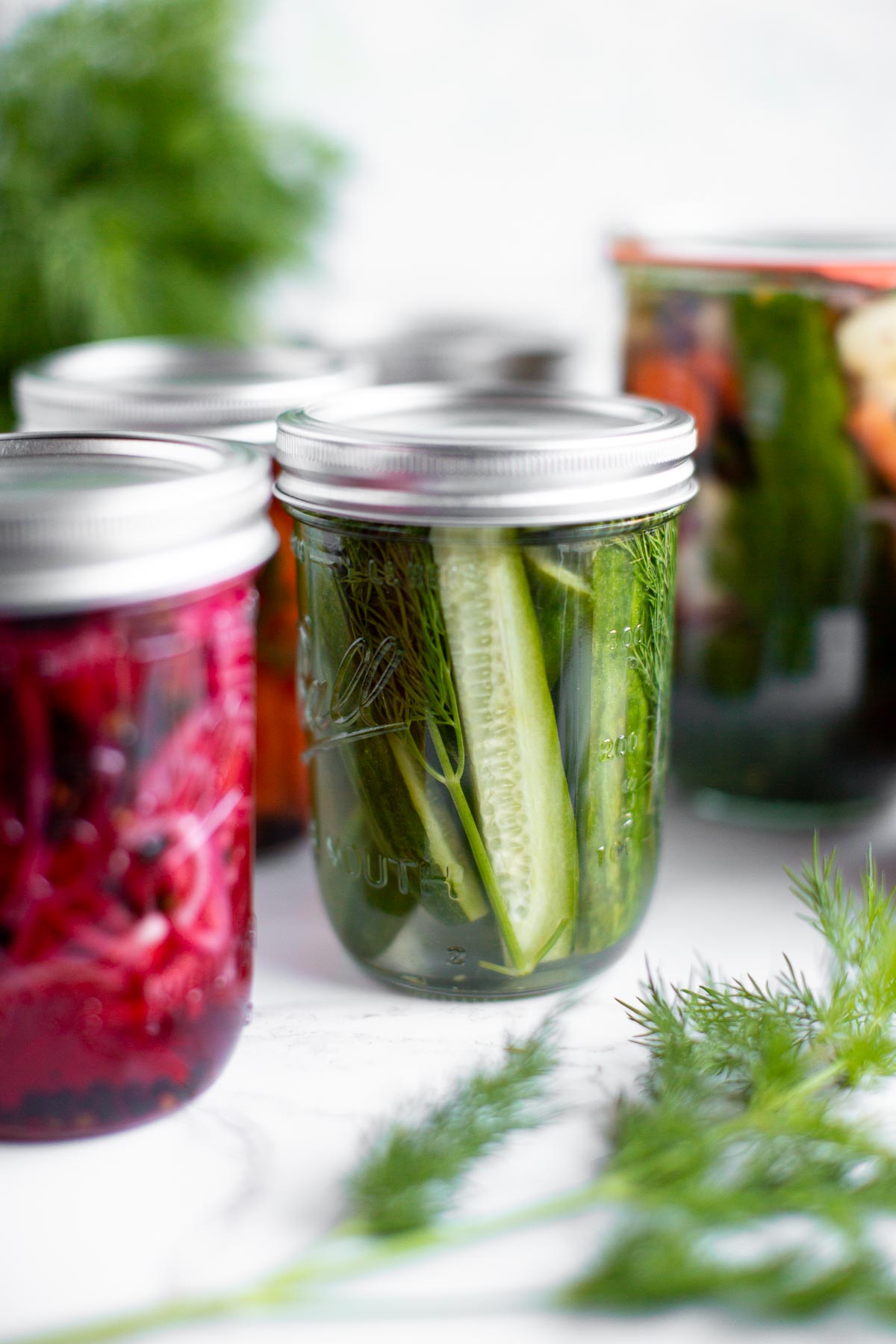 A jar of pickled cucumbers, red onions, and mixed vegetables.