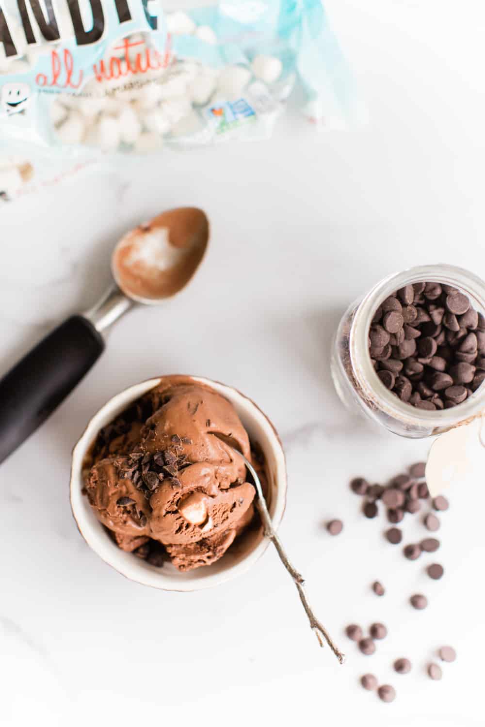 Dairy-free rocky road ice cream with chocolate and marshmallows. 