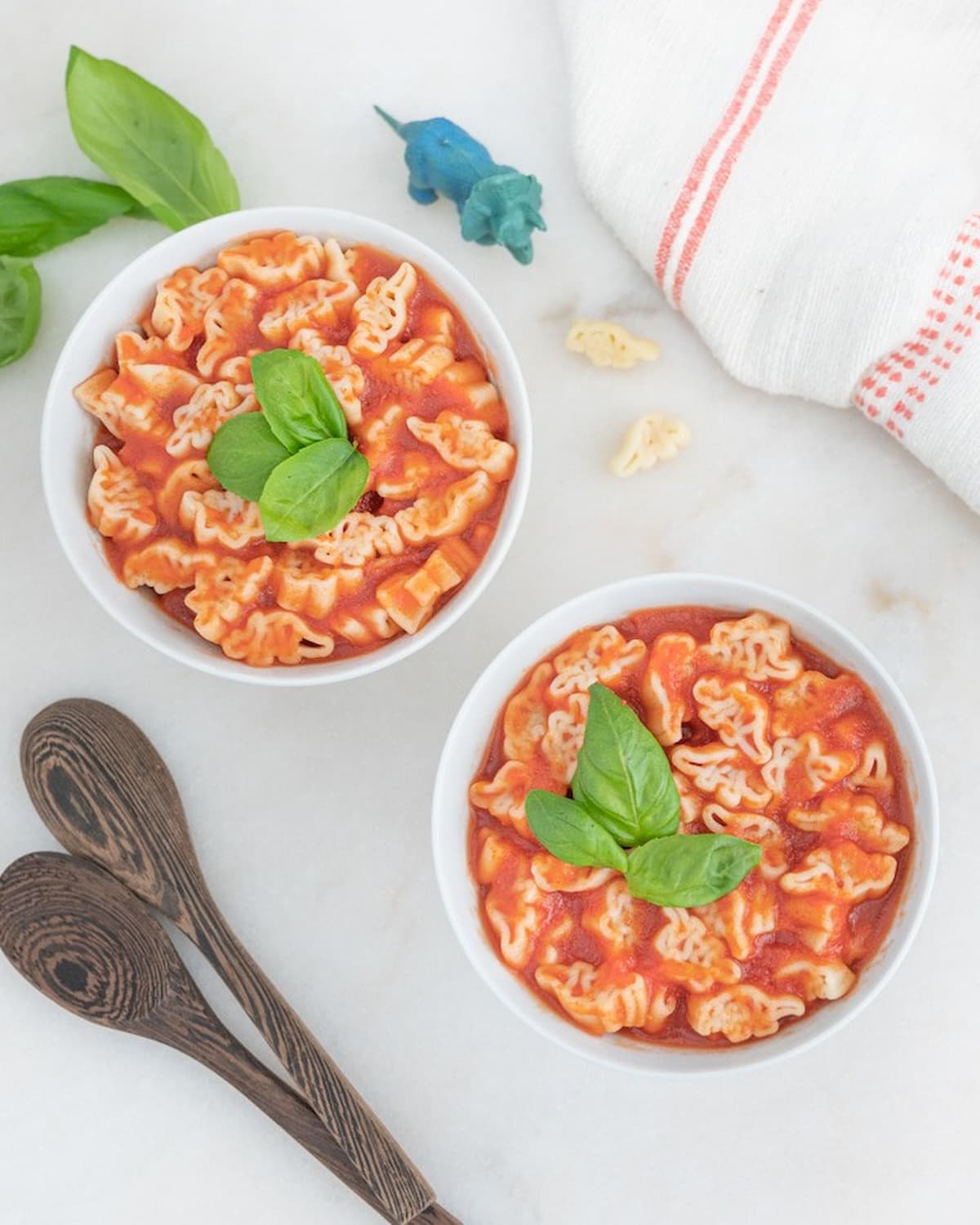 Two bowls of homemade vegan SpaghettiOs.