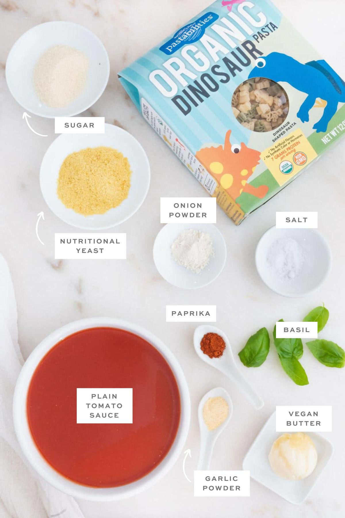 Key ingredients for vegan SpaghettiO's with labels.