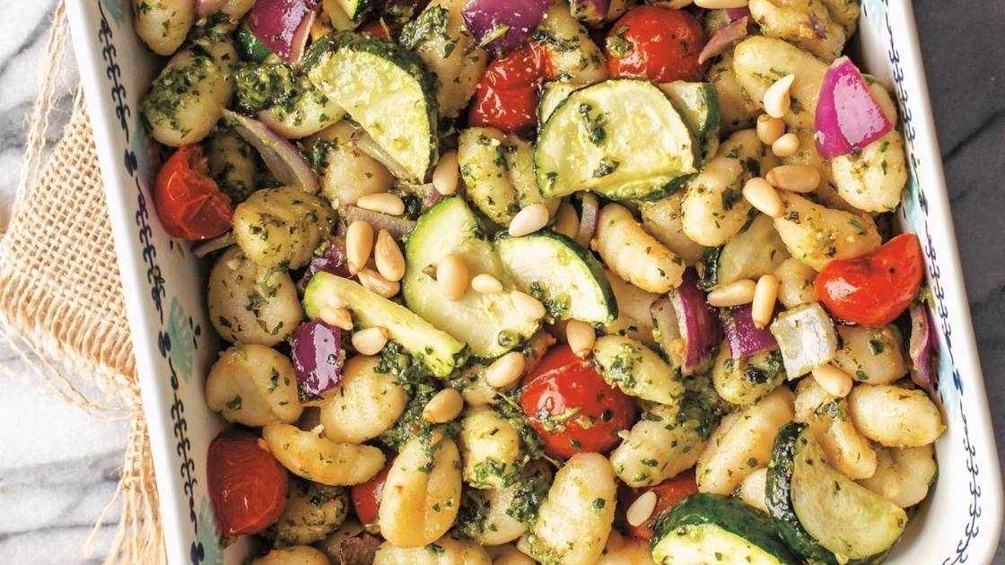 vegan gnocchi with roasted vegetables and pesto