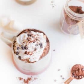 mug of hot cocoa with soy whipped cream and chocolate chips on top.