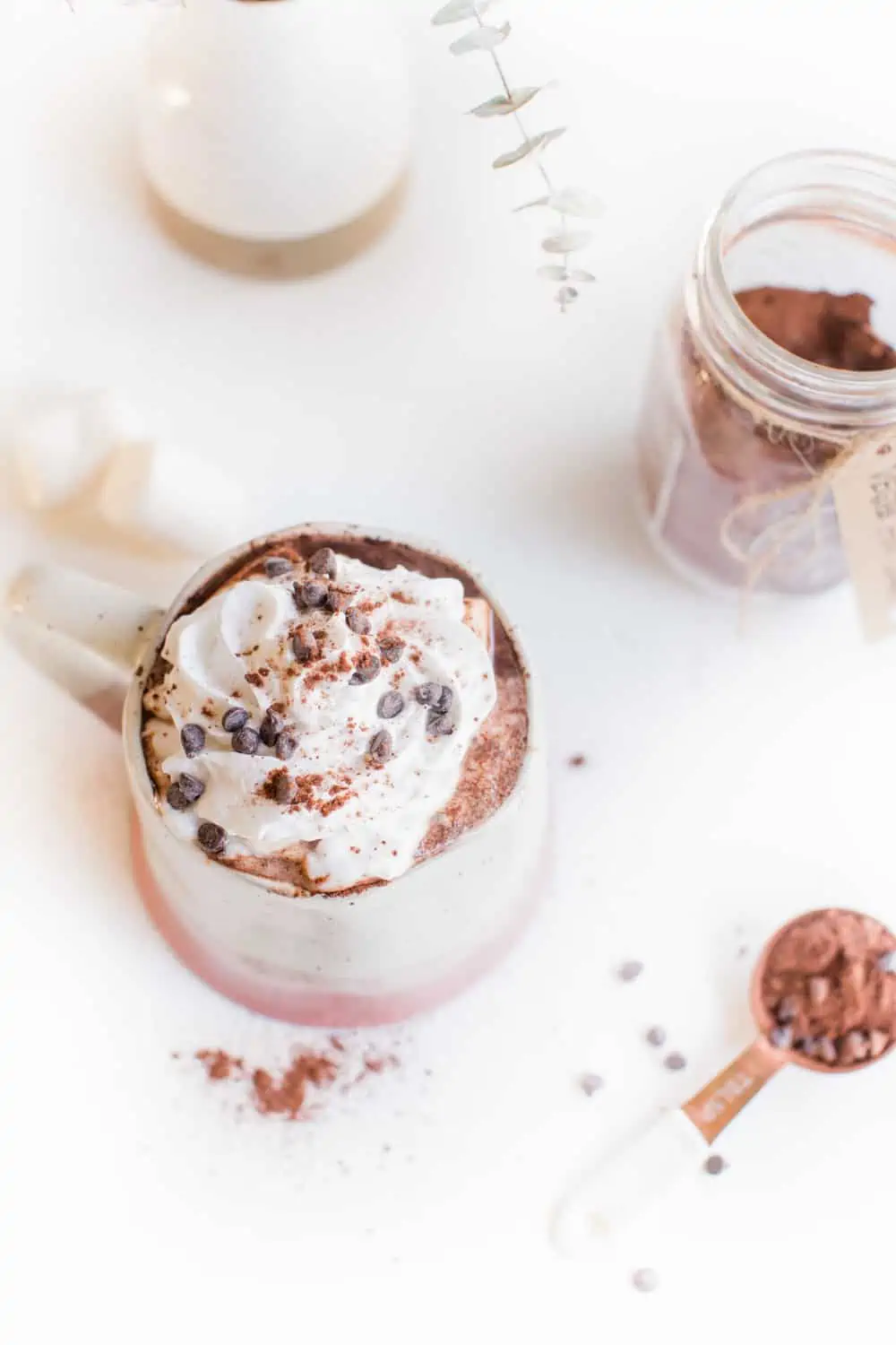 mug of hot cocoa with soy whipped cream and chocolate chips on top.