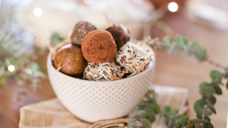 Date Walnut Truffles Selection in a Bowl.