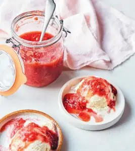 Strawberry chia jam on vegan ice cream.