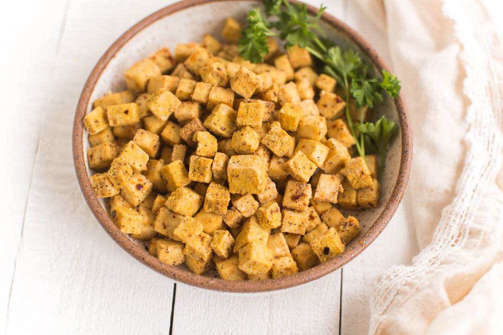 Nooch-Encrusted Air Fryer Tofu Cubes