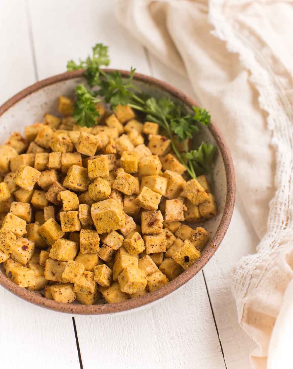 Air Fried Tofu Cubes Encrusted in Nutritional Yeast