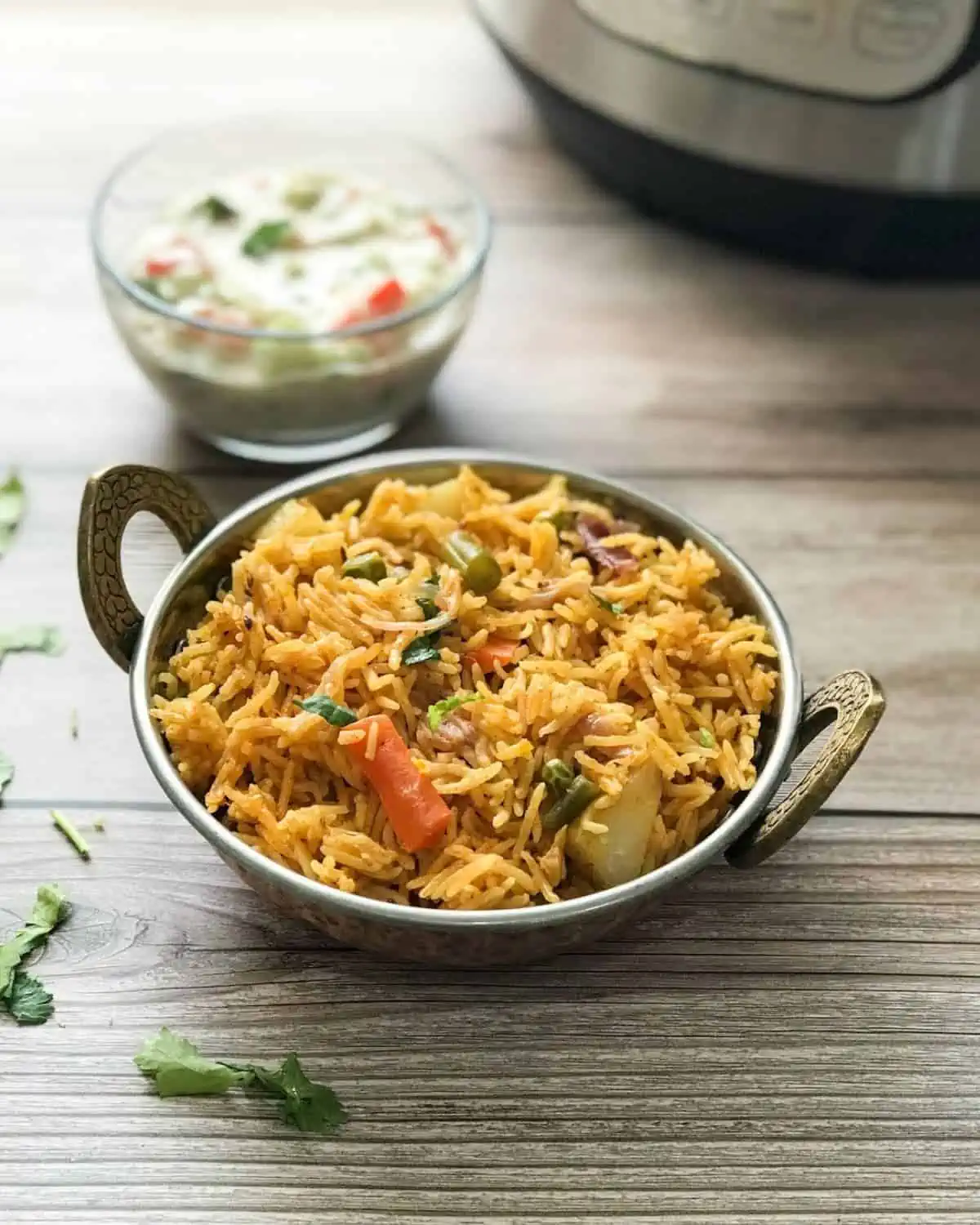 A bowl of vegan vegetable biryani.