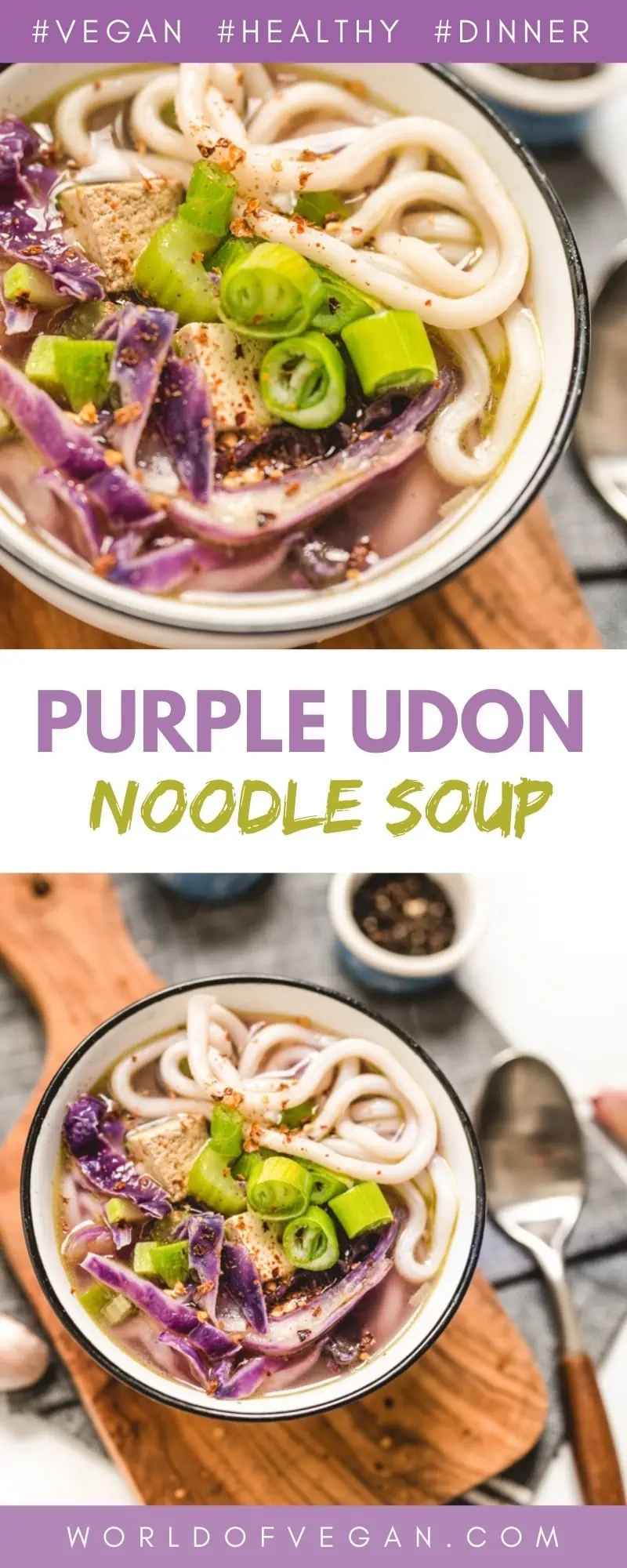 Vegan Udon Noodle Soup Recipe With Purple Cabbage And Green Onions