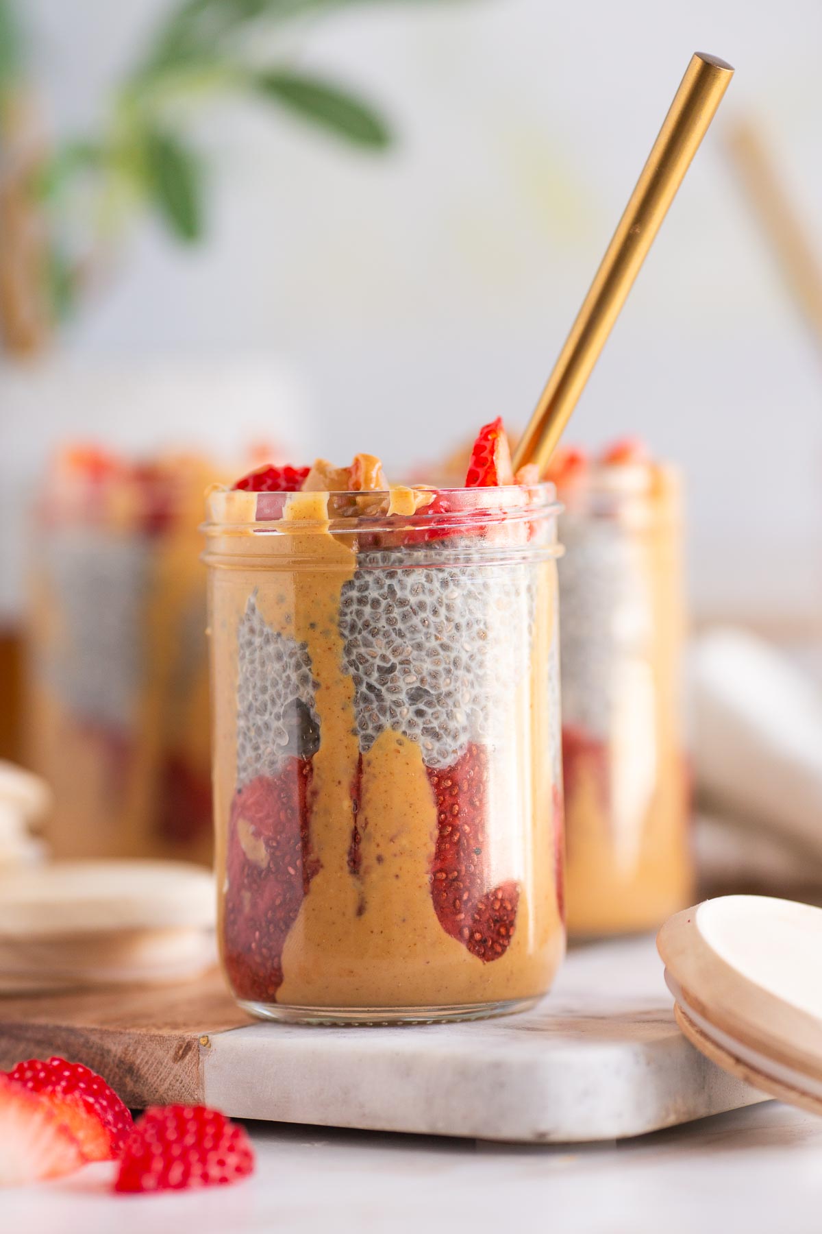 Vegan peanut butter drizzled chia pudding jars. 