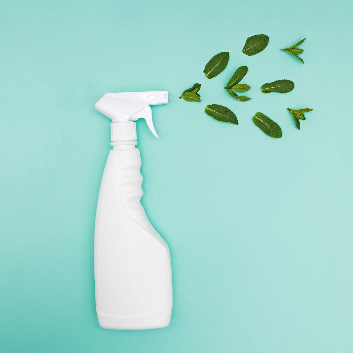 A white plastic spray bottle on a turquoise surface with leaves arranged to look like they're being sprayed out of the bottle.