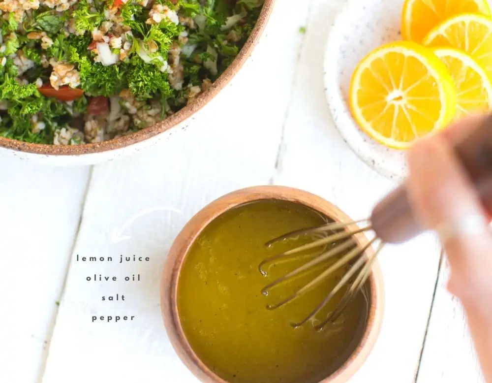 Tabbouleh Dressing Ingredients Mixed in a Bowl