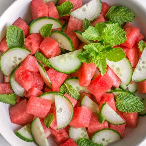 Watermelon Cucumber Salad With Min in a large bowl