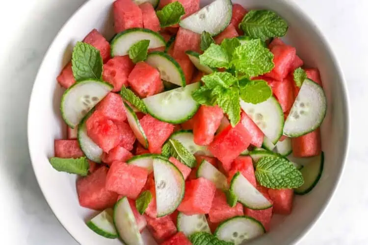 Watermelon Cucumber Salad With Min in a large bowl