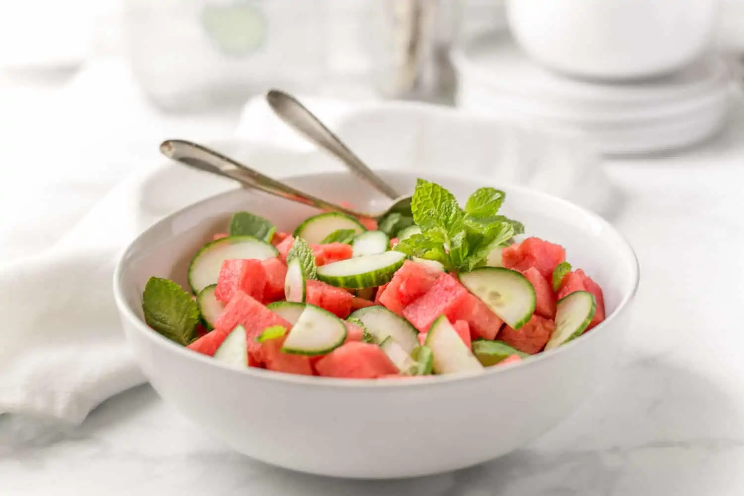 Watermelon Cucumber Fruit Salad Photo In a White Bowl With Serving Utencils