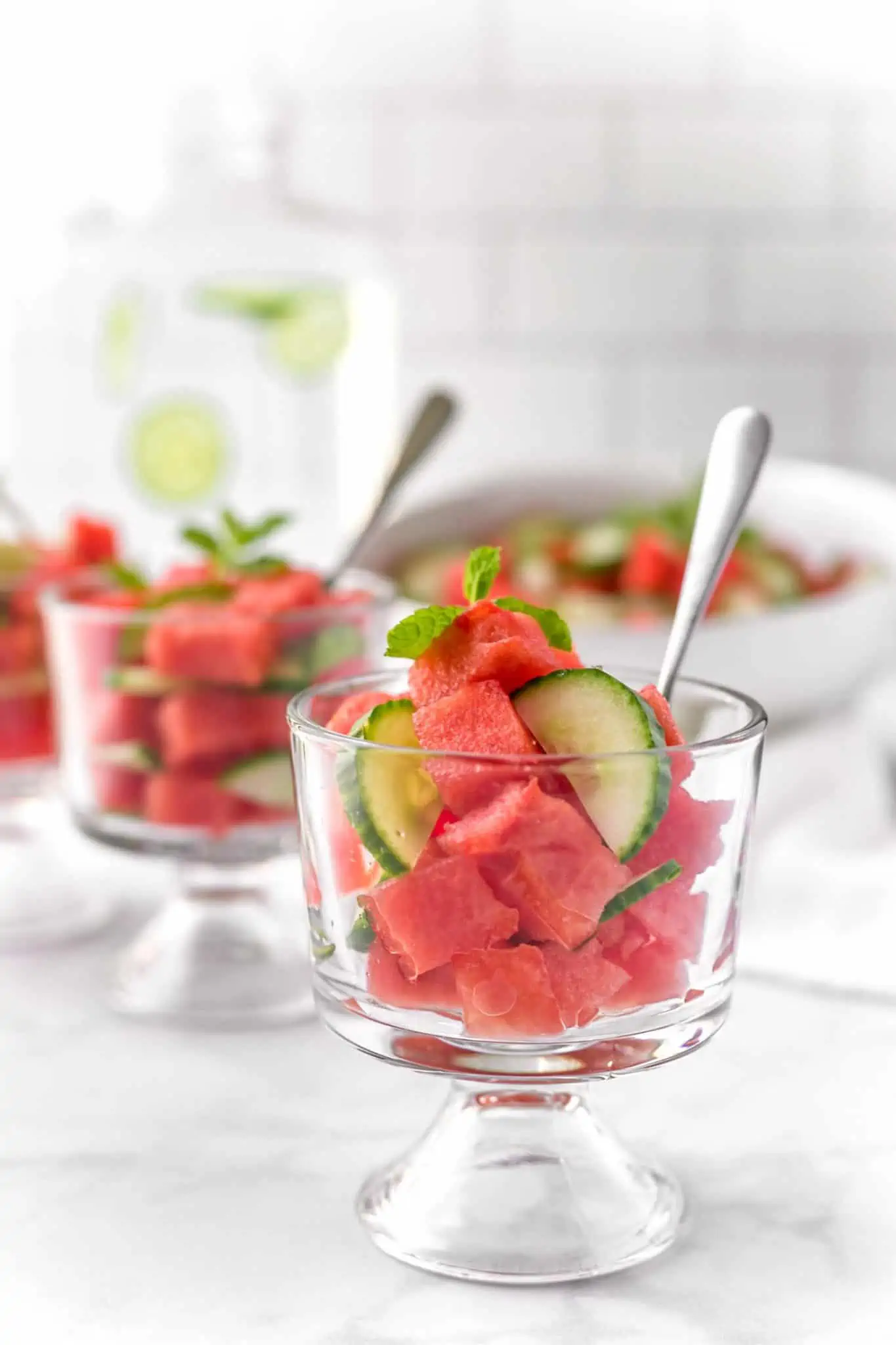 Watermelon Salad with Cucumber, Lime, and Agave Nectar Served in Summey Party Glasses
