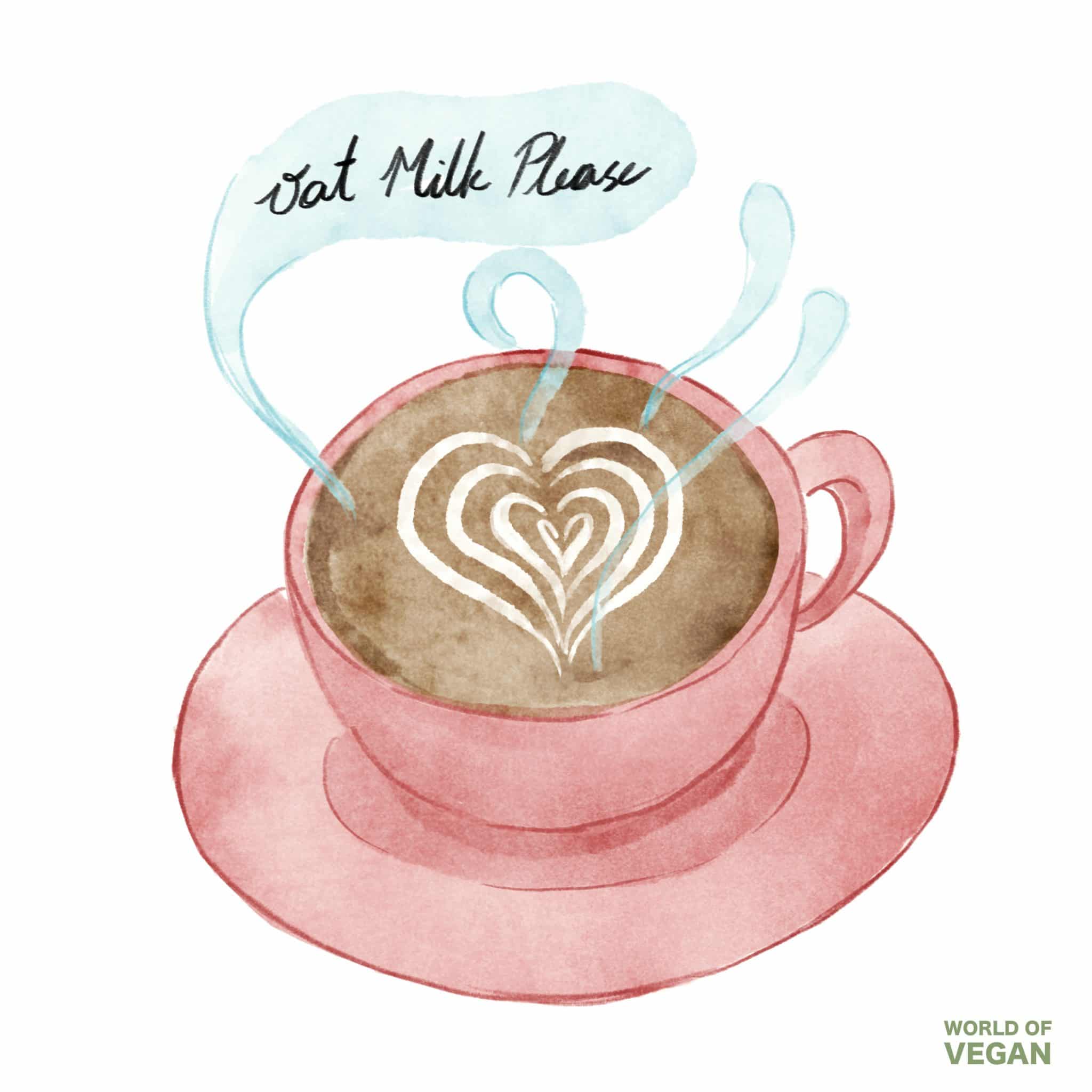 Vegan art illustration of an oat milk latte in a pink coffee mug with a heart in the foam. 