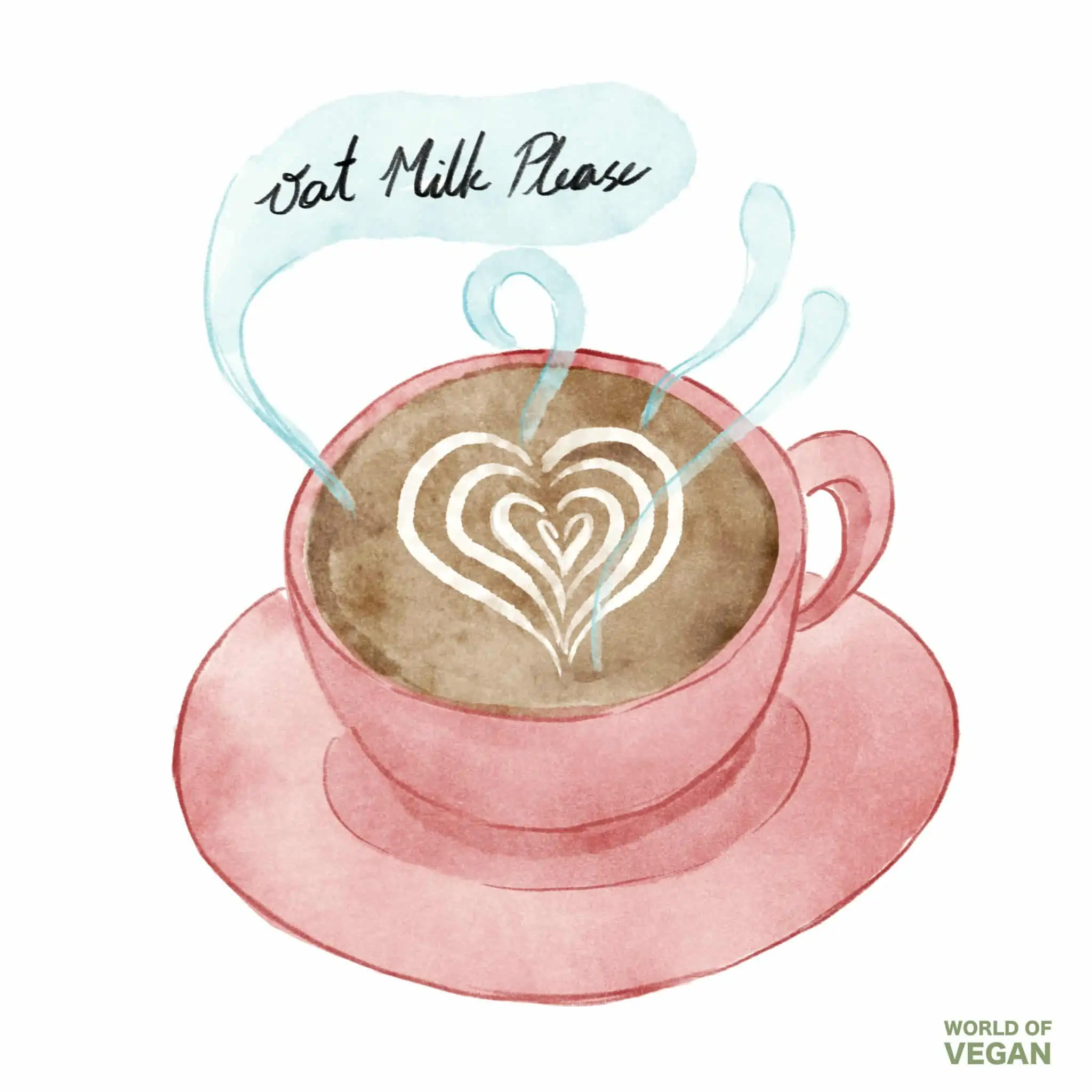 Vegan art illustration of an oat milk latte in a pink coffee mug with a heart in the foam. 