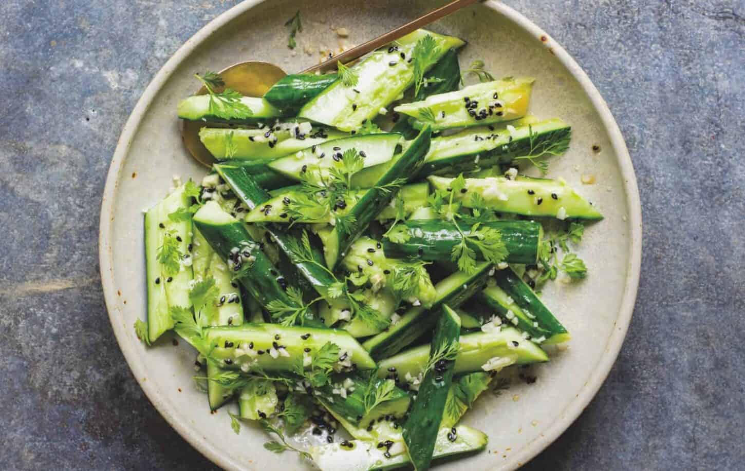 Fresh Smashed Cucumber Salad With Sesame Seeds and Parsley