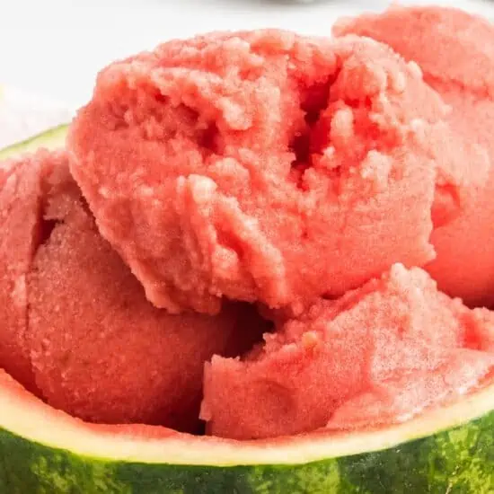 Healthy Vegan Watermelon Sorbet Gelato Recipe Served in a Hollowed Out Watermelon