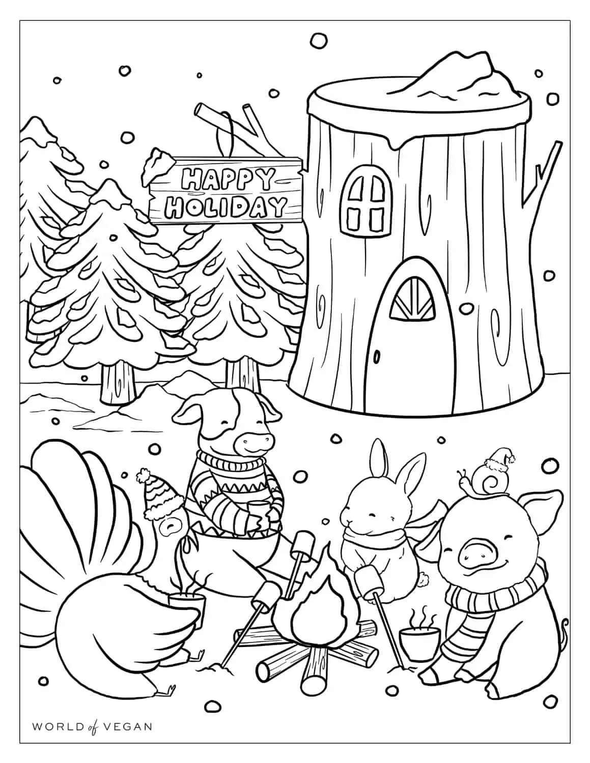Woodland animals gathered around a snowy fire in a woodland scene with a pig, cow, turkey, and bunny and a happy holiday sign. 