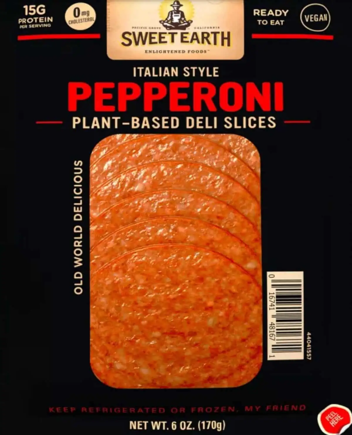 Sweet Earth vegan pepperoni deli slices.