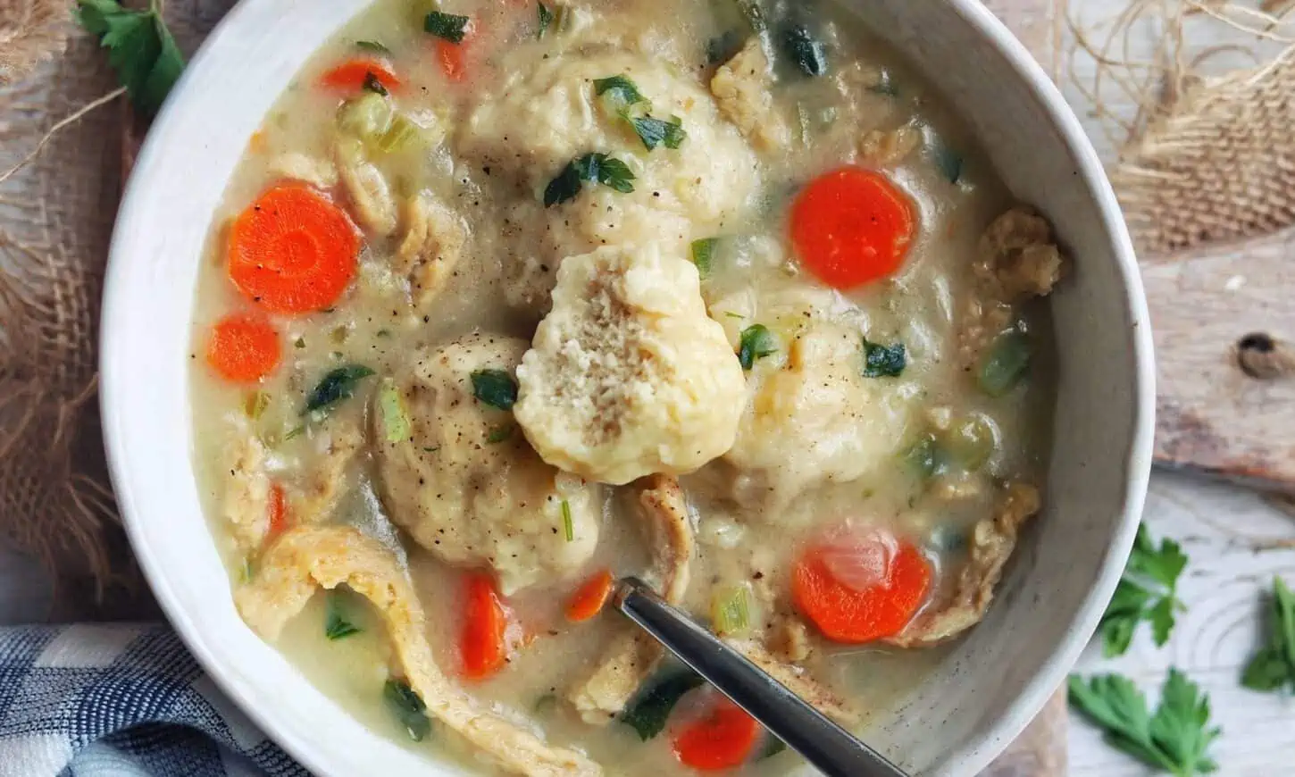 Vegan Chicken and Dumplings Soup Served in a Bowl From the Plantiful Cookbook