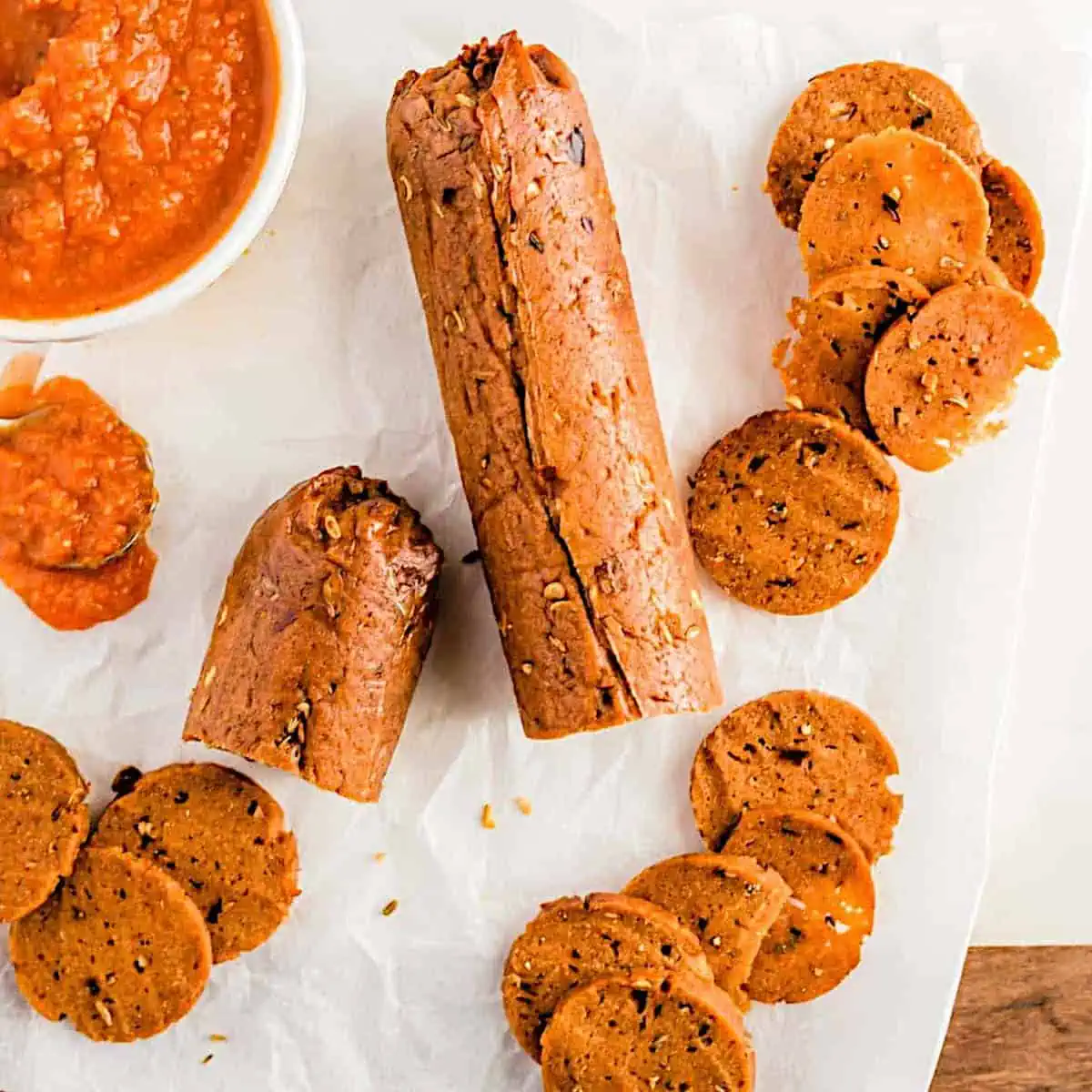 Two vegan pepperoni logs with several slices scattered around.