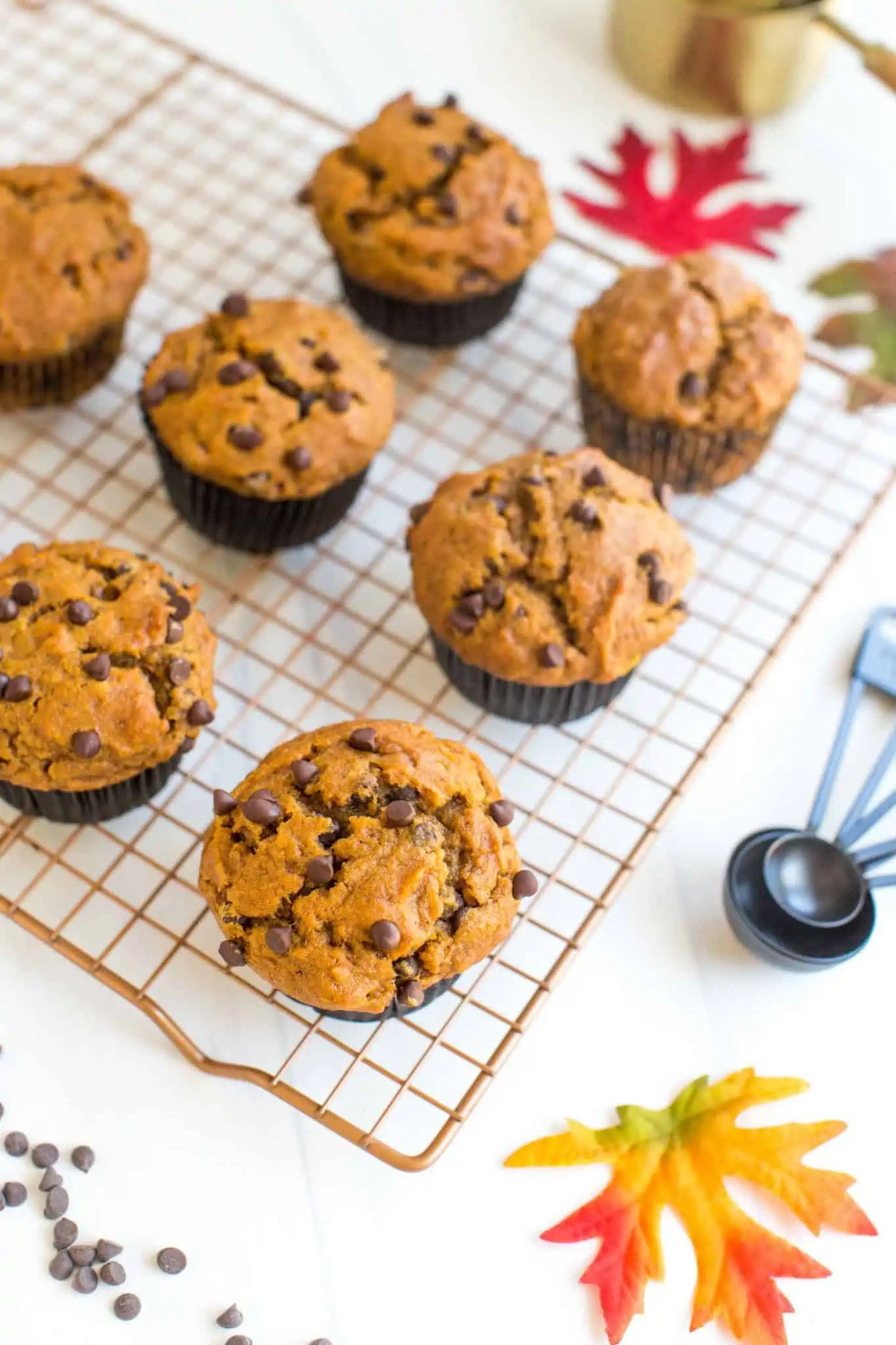 Vegan Pumpkin Muffins On a Gold Wire Cooling Wrack