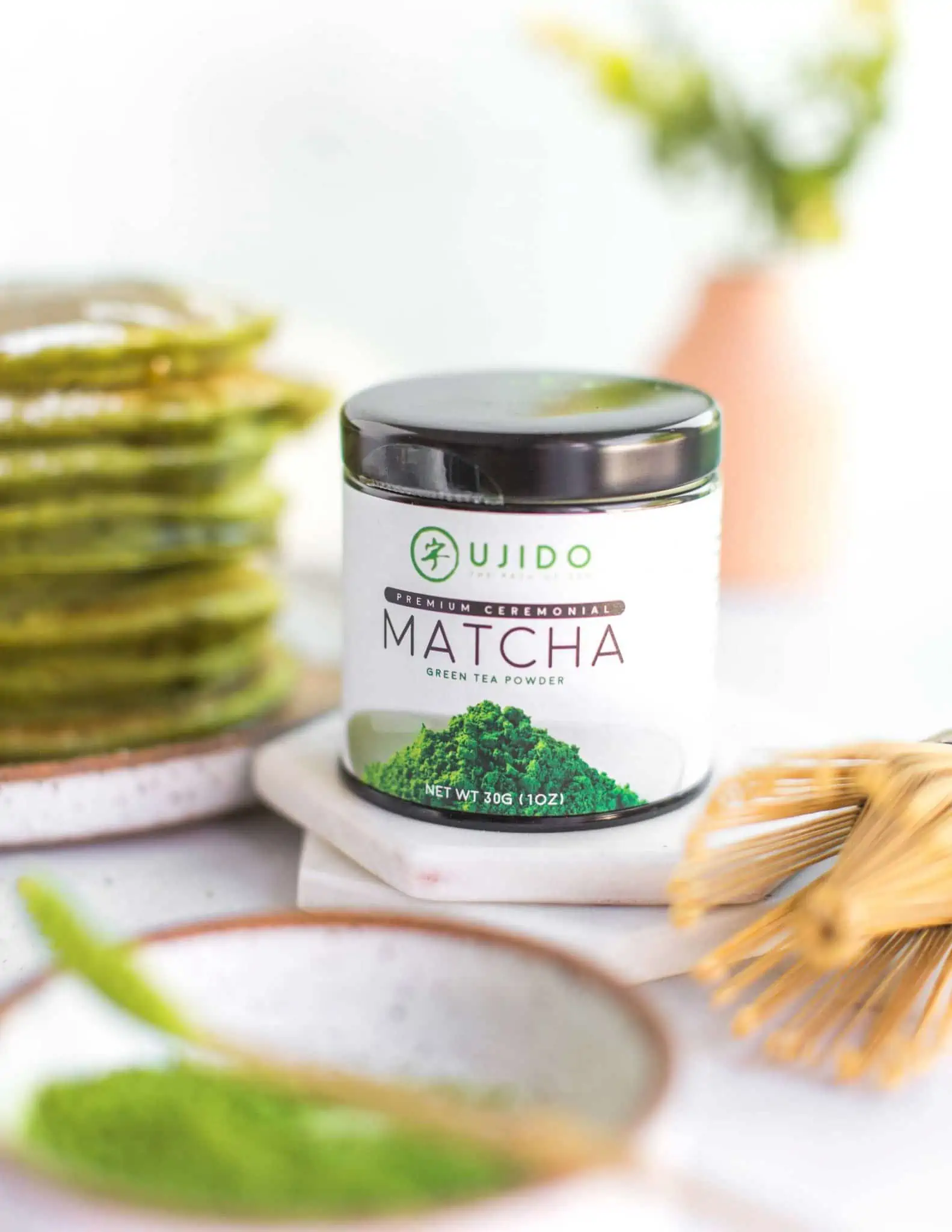 Ujido Ceremonial Matcha Powder Tin with a Whisk and Bamboo Scoop